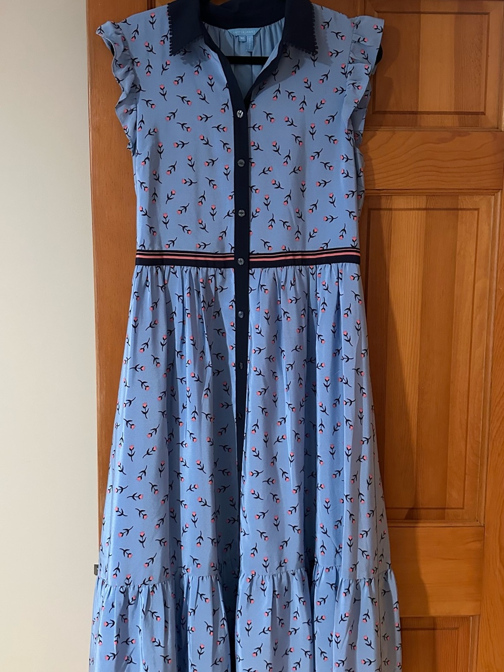 Draper James Light Blue Floral Maxi Dress with Navy Trim